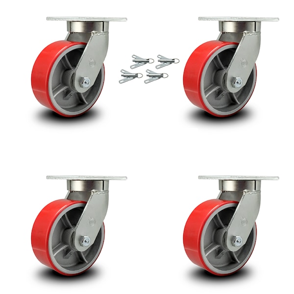 8 Inch Heavy Duty Red Poly on Cast Iron Caster Set with Swivel Locks, 4PK